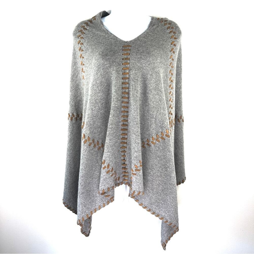 Kier + J Women's‎ Cashmere Sweater Poncho Grey Size XL Braided Faux Suede